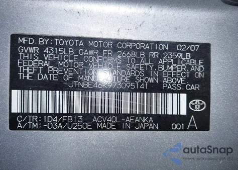 2007 Toyota Camry Ce/Le/Xle/Se из США, поврежденный, VIN JTNBE46K973095141